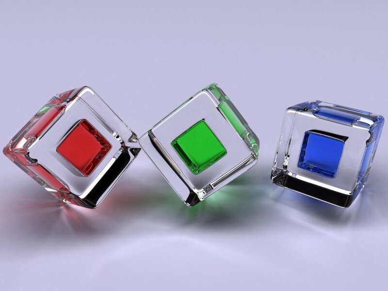 Three Colored Cubes — Red, Neutral, 3d Render, Glass