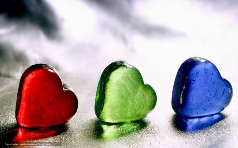 Three colored glass hearts