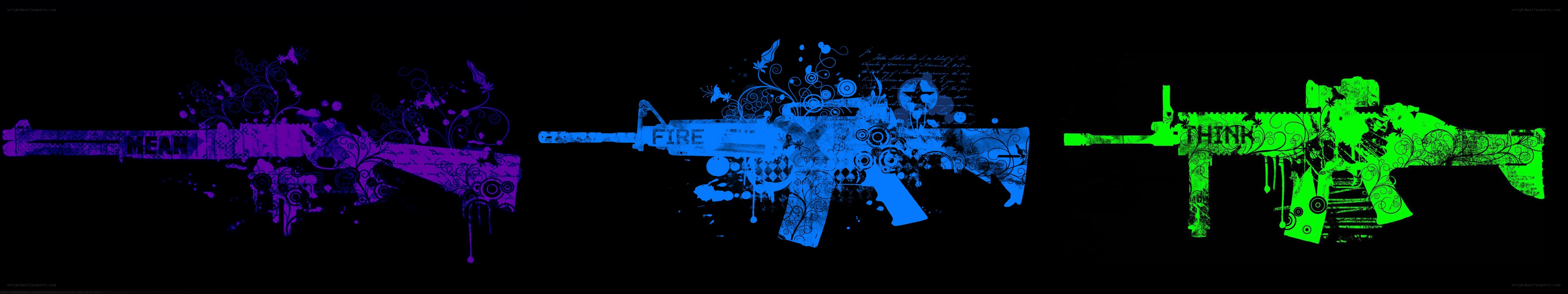 Three colored guns with words