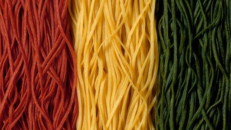 Three colored pasta strands