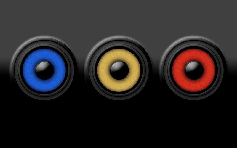 three colored speakers