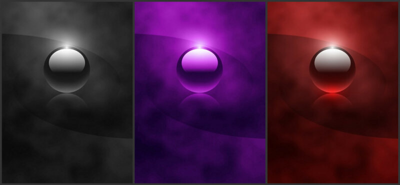 three colored spheres on dark backgrounds