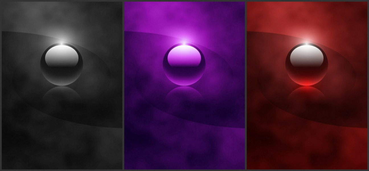three colored spheres on dark backgrounds