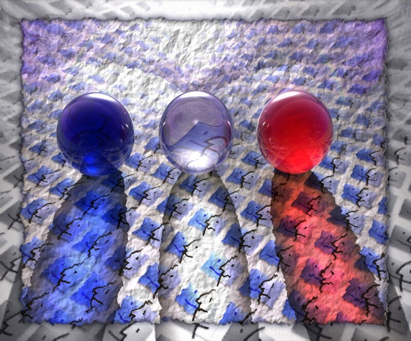 Three colored spheres on patterned surface