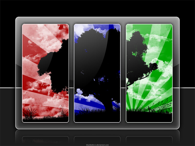 Three colored tree silhouettes
