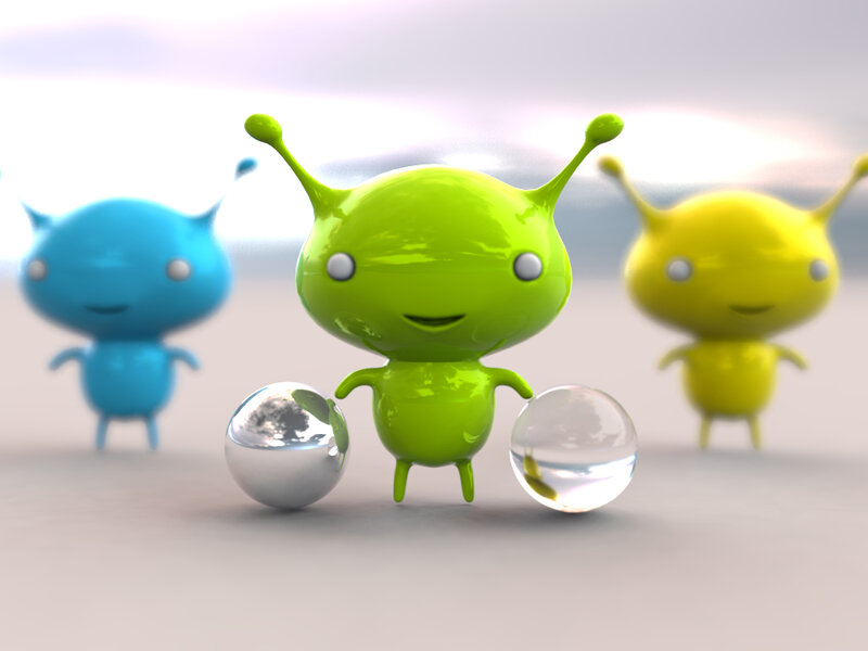 three colorful alien characters