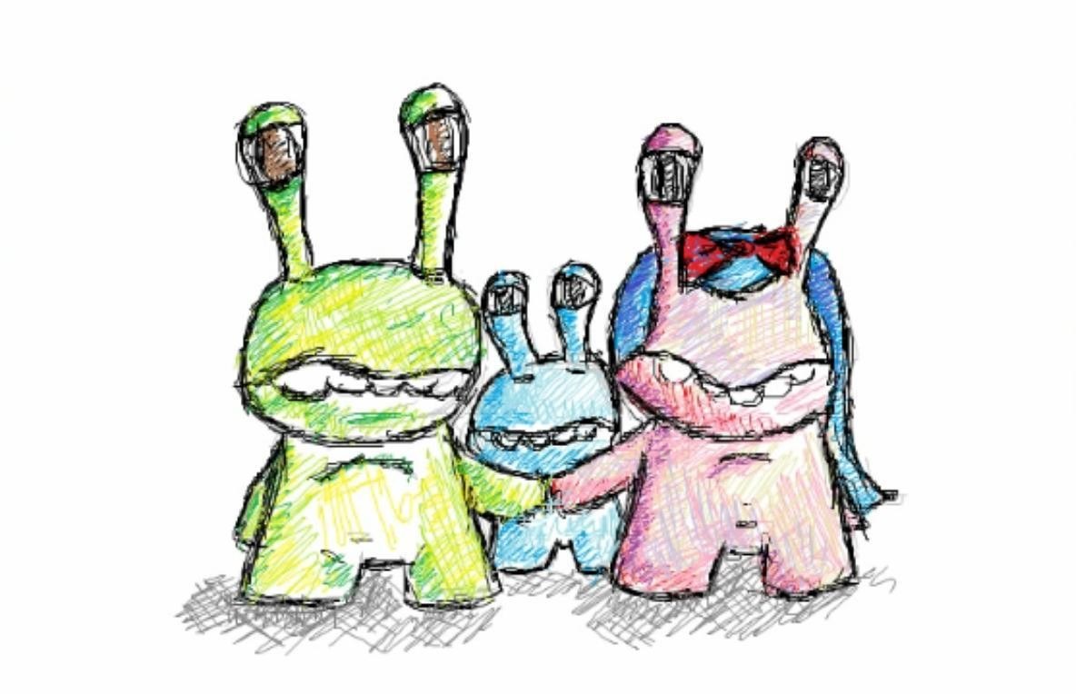 three colorful alien figures