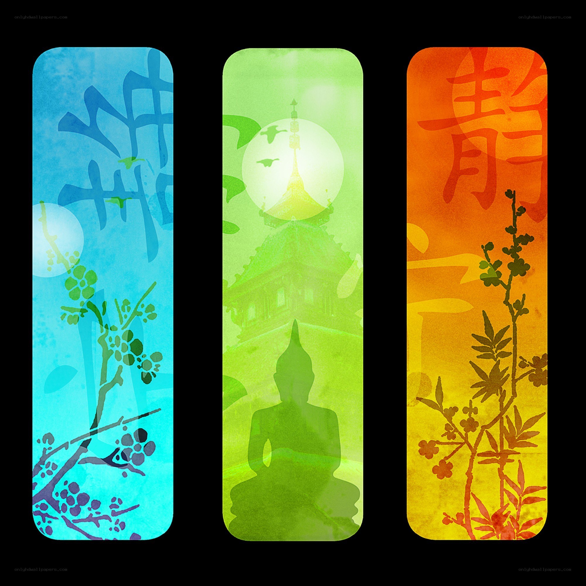 three colorful Asian art bookmarks