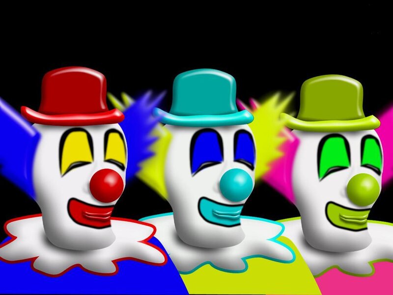 three colorful clowns in hats