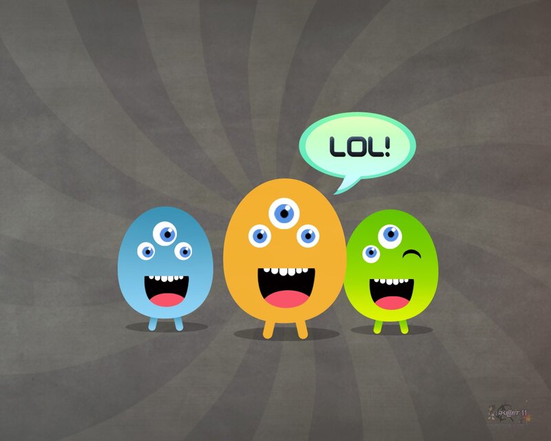 Three colorful monsters laughing