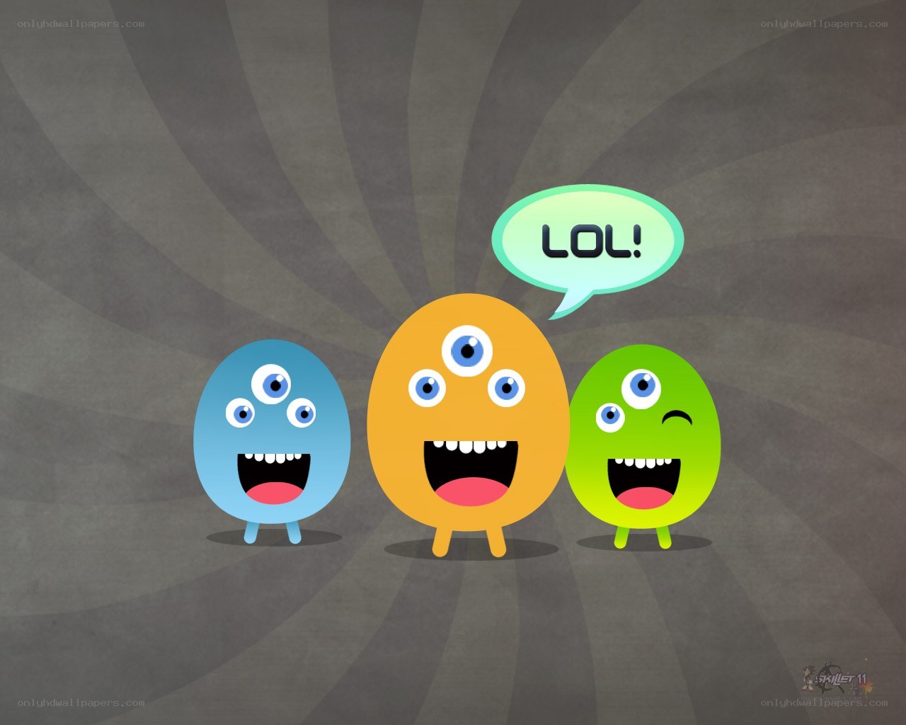 Three colorful monsters laughing