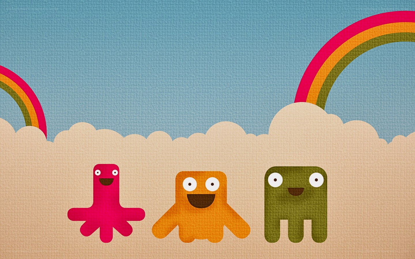 three colorful monsters under rainbows