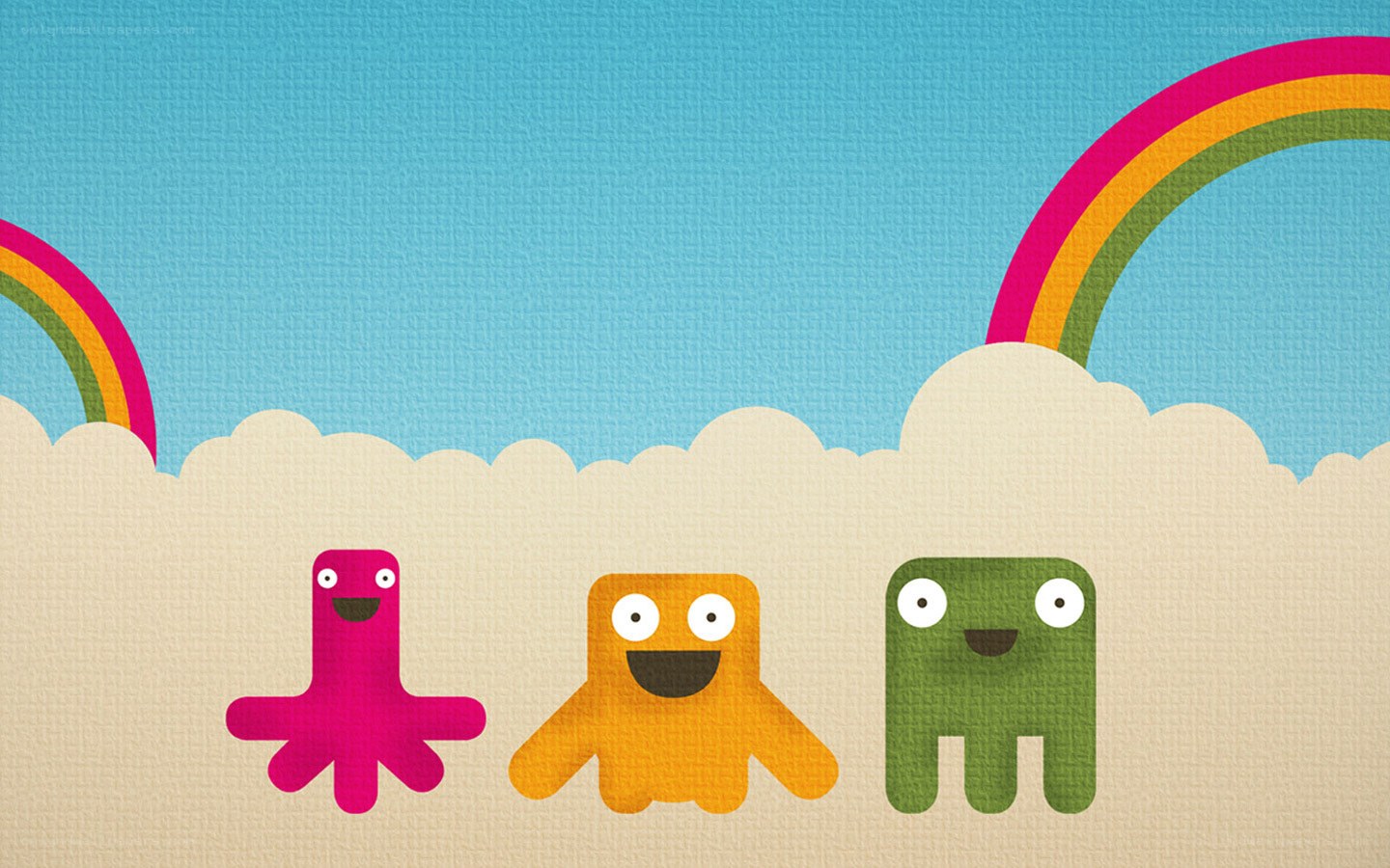 three colorful monsters under rainbows