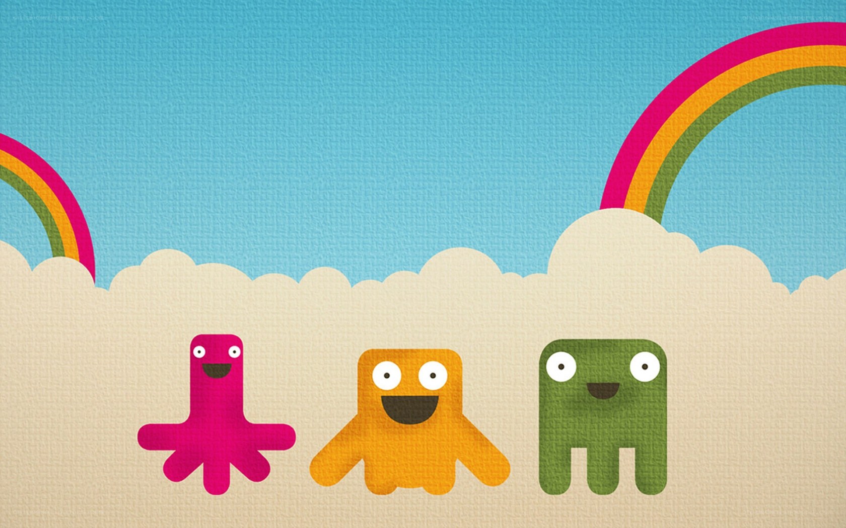 Three colorful monsters under rainbows