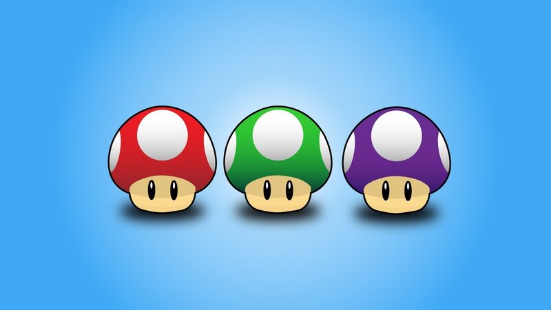three colorful mushrooms