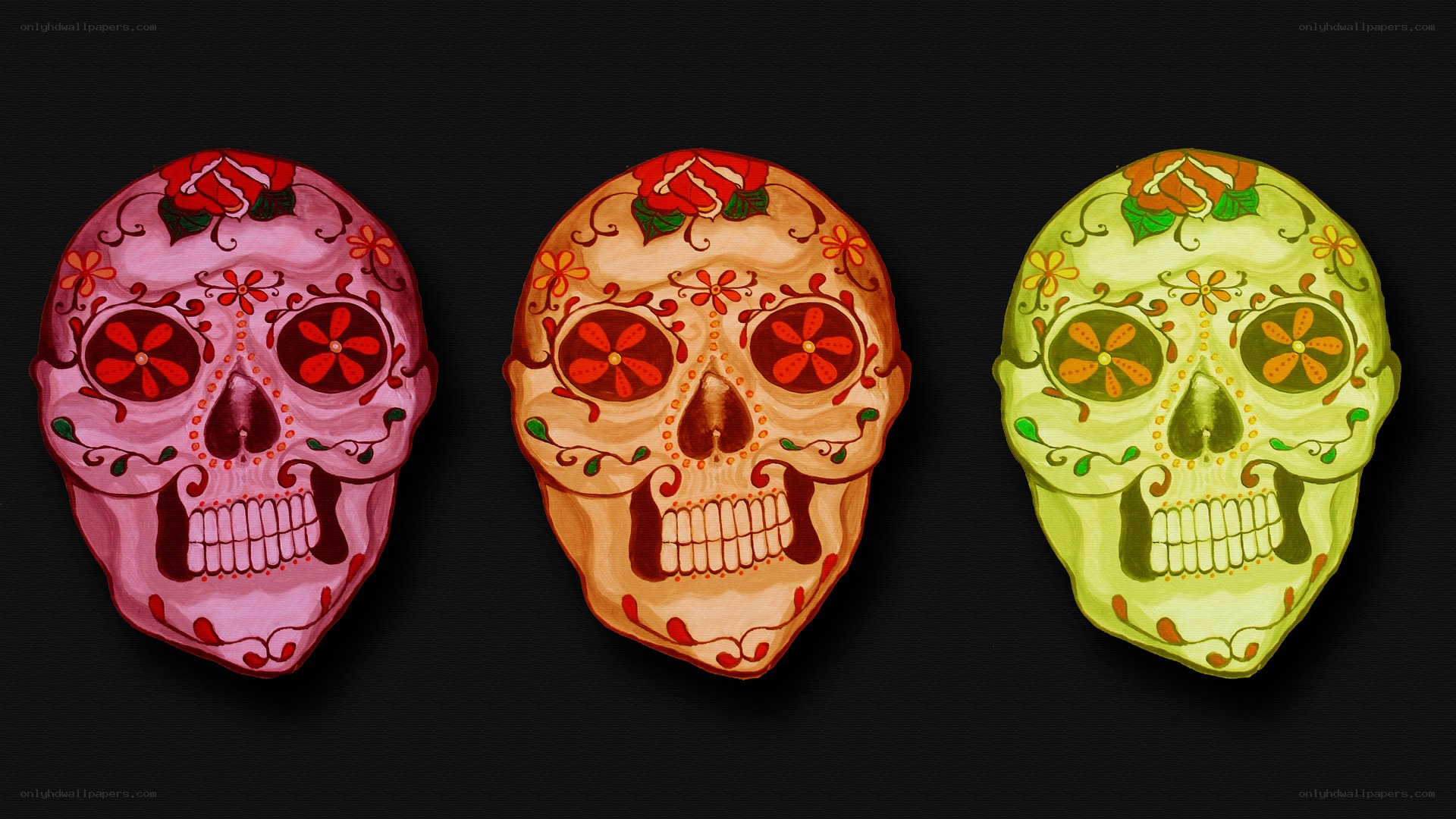 Three colorful sugar skulls