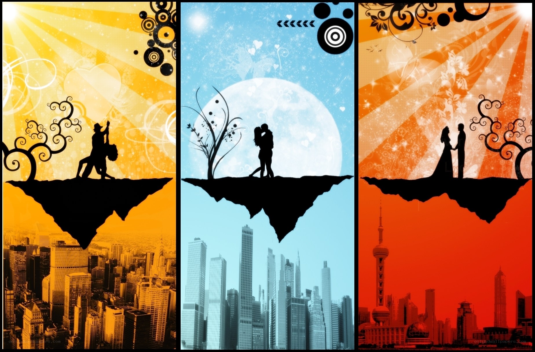 Three couples on floating islands