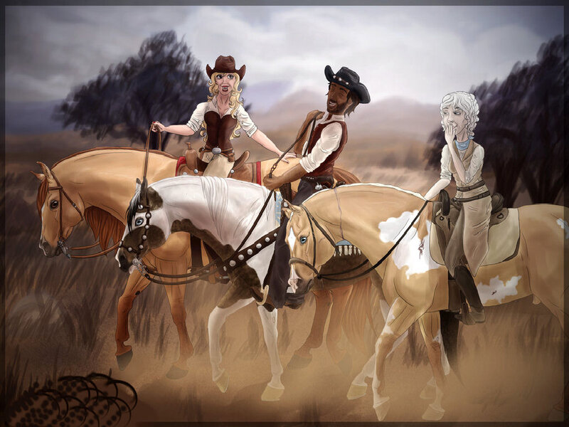 Three Cowboys on Horses — Brown