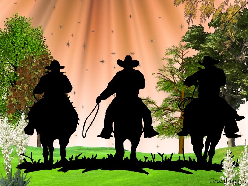 Three Cowboys on Horses — Green