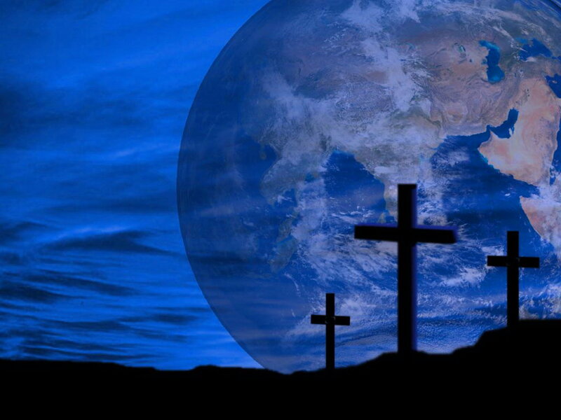 Three Crosses on Hill — Blue, Dramatic