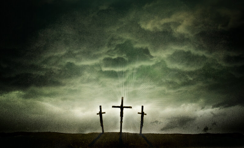 Three Crosses on Hill — Green, Dramatic