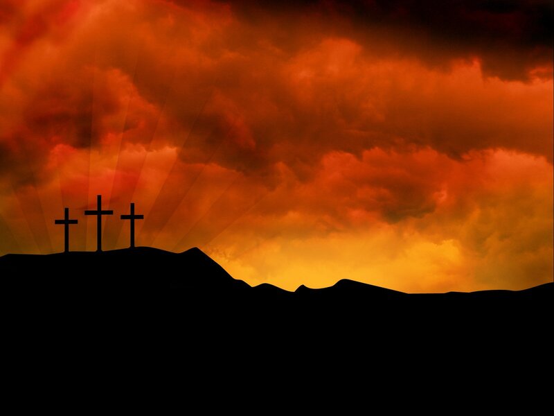 Three Crosses on Hill — Orange, Dramatic, Sunset, Digital Art