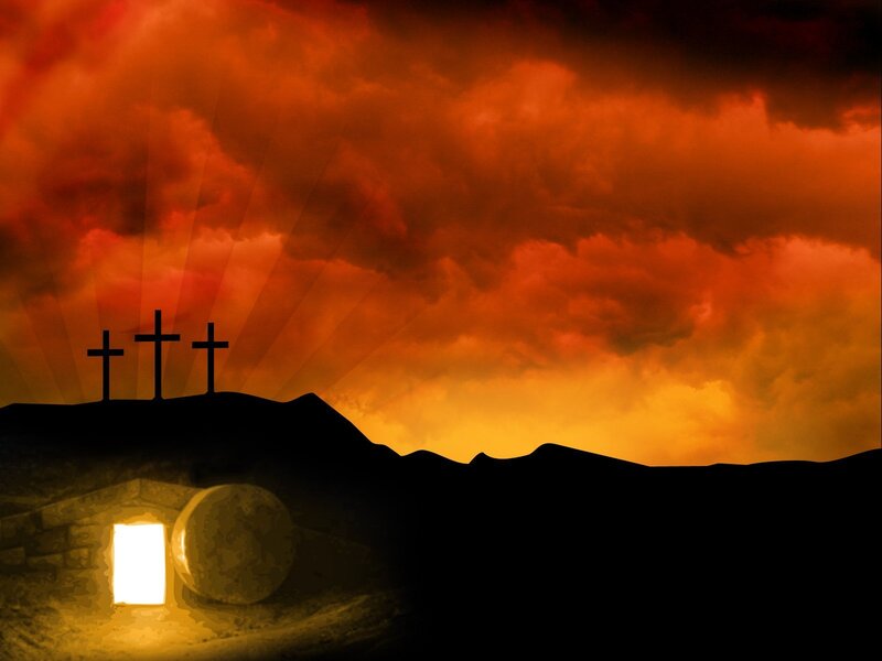 Three Crosses on Hill — Orange, Dramatic, Sunset, Digital Art, Tomb