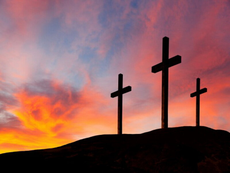 Three Crosses on Hill — Orange, Dramatic, Sunset, Photograph, Sky, Clouds