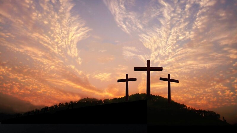 Three Crosses on Hill — Orange, Dramatic, Sunset, Photograph, Sky
