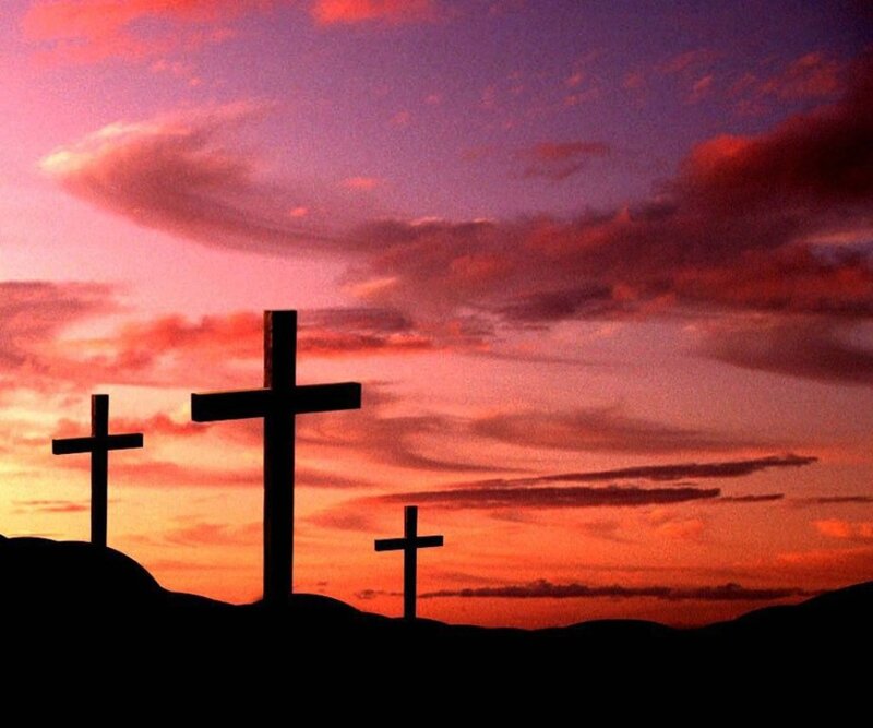 Three Crosses on Hill — Orange, Dramatic, Sunset, Photograph