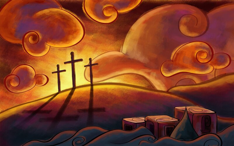 Three Crosses on Hill — Orange, Dramatic, Sunset