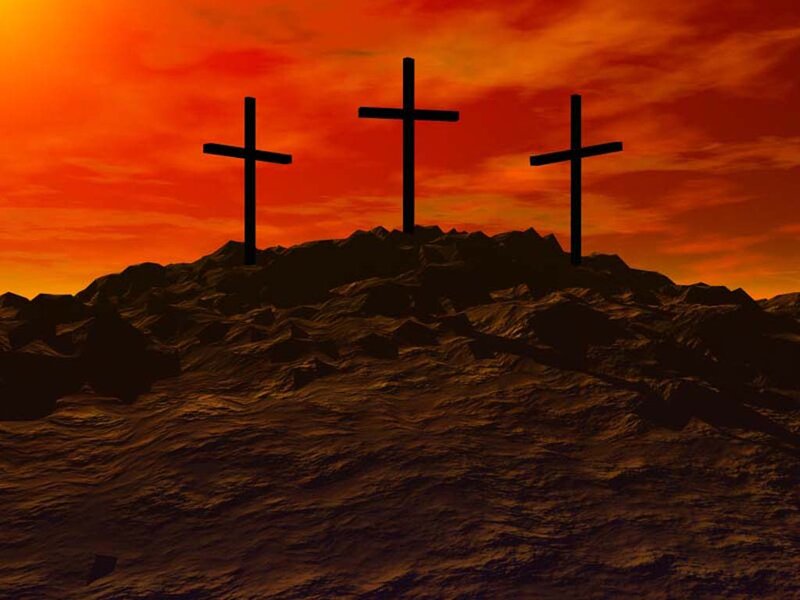 Three Crosses on Hill — Red, Dramatic, Sunset