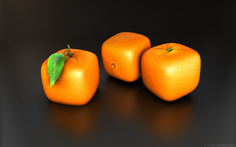 three cube-shaped oranges