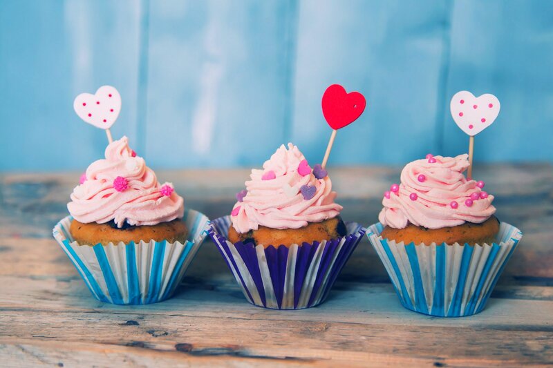 Three Cupcakes on Table — Pink, Sweet