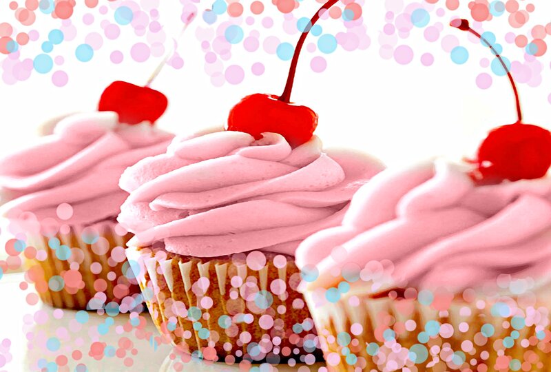 Three Cupcakes with Cherries — Pink