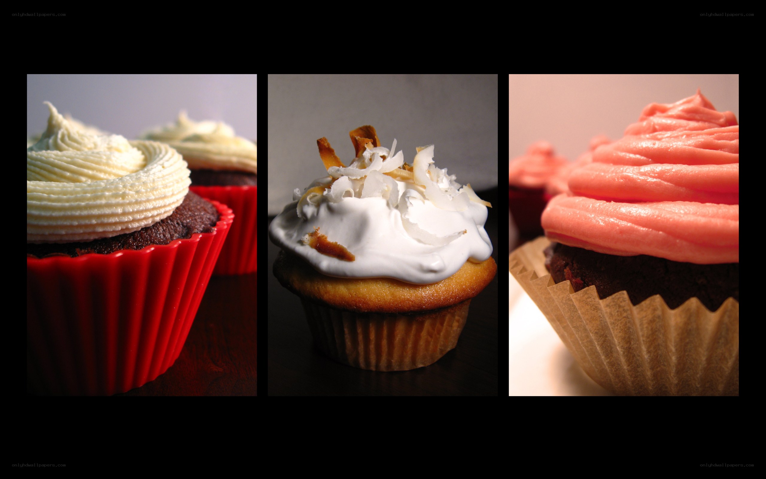 Three cupcakes with different frostings