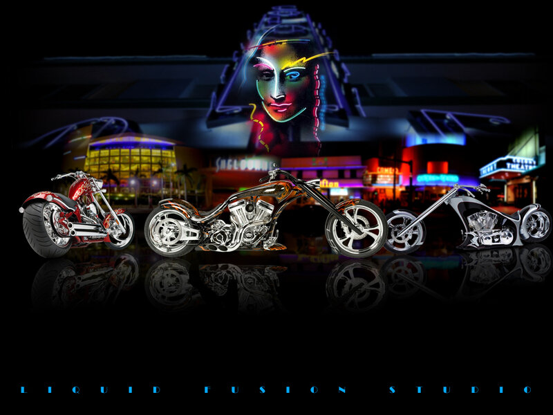 Three Custom Chopper Motorcycles