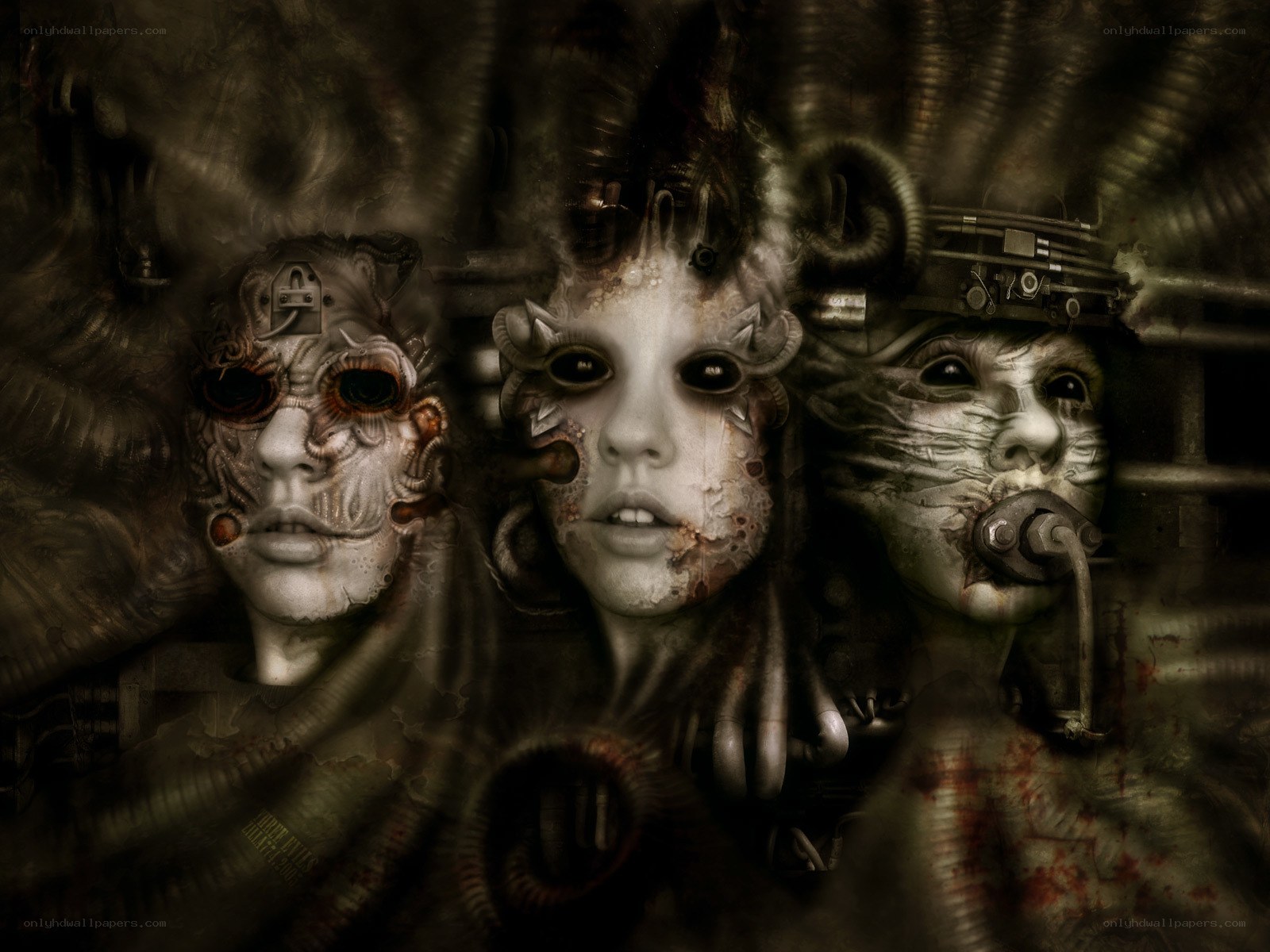 three cybernetic faces in dark setting