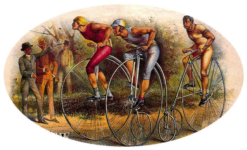 Three Cyclists on High-wheel Bikes