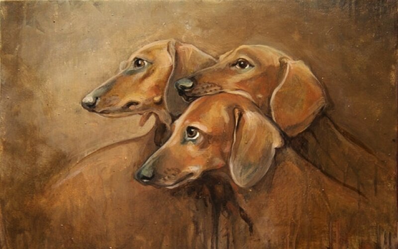 Three Dachshund Dogs — Brown, Calm, Painting