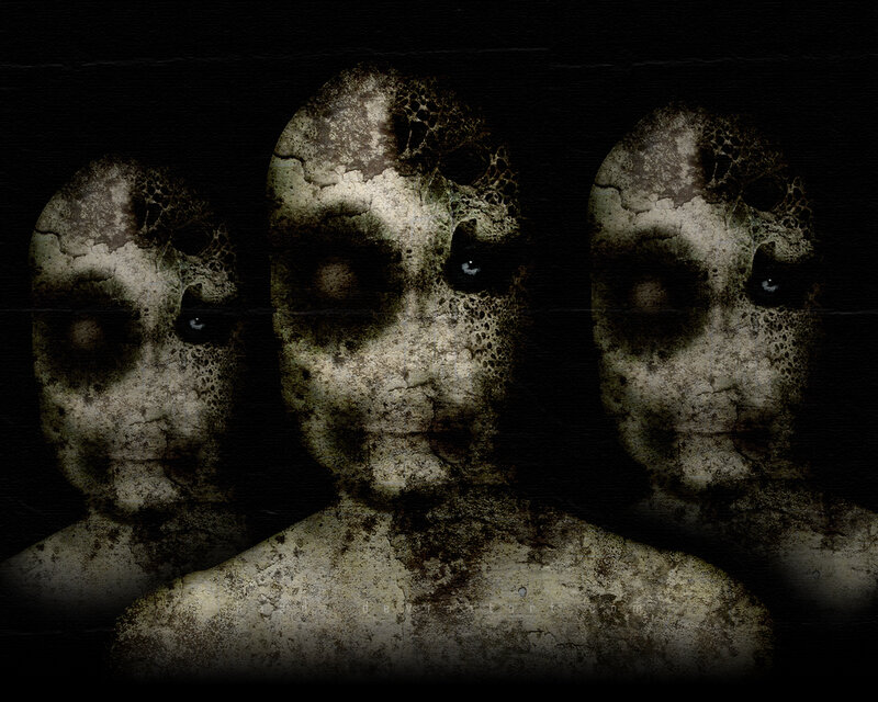 three decayed figures in darkness
