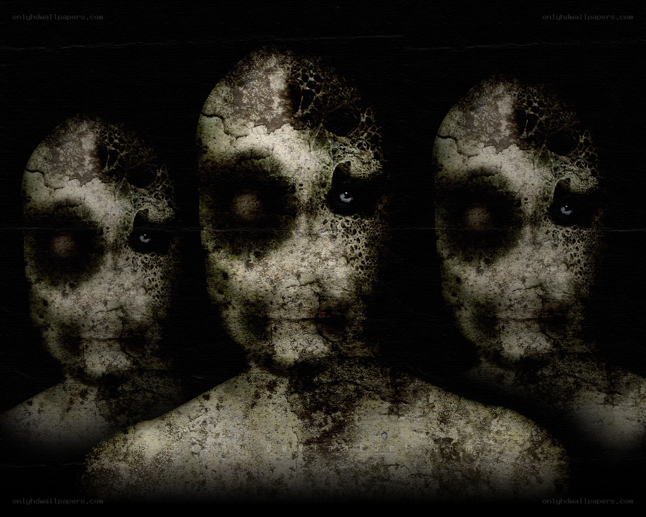 three decayed figures in darkness