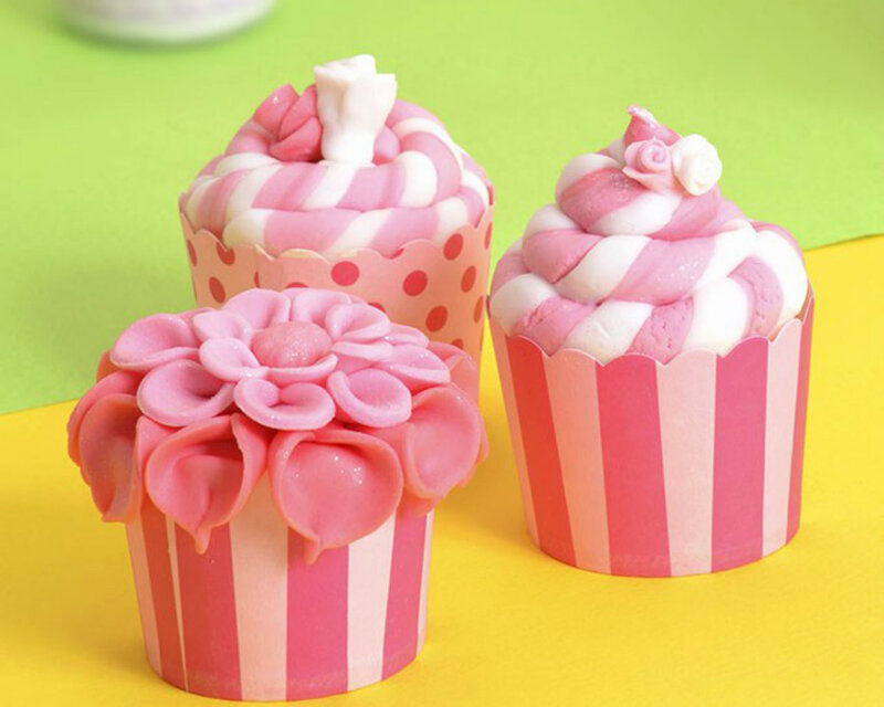 Three Decorated Cupcakes — Pink, Cheerful