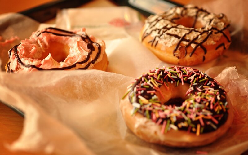 Three Decorated Donuts — Brown, Warm, Photograph, Sprinkles