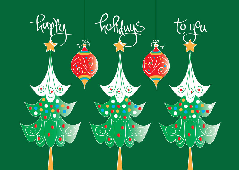 Three Decorated Trees — Green, Festive, Winter