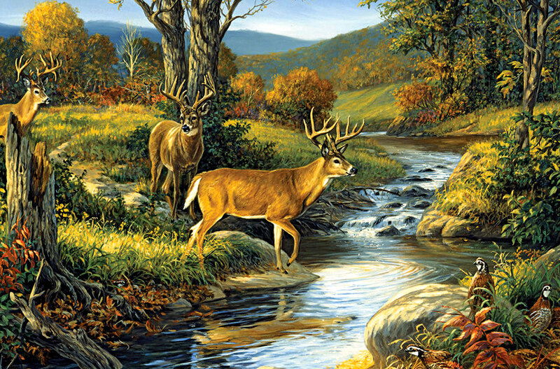 Three Deer by Stream — Green