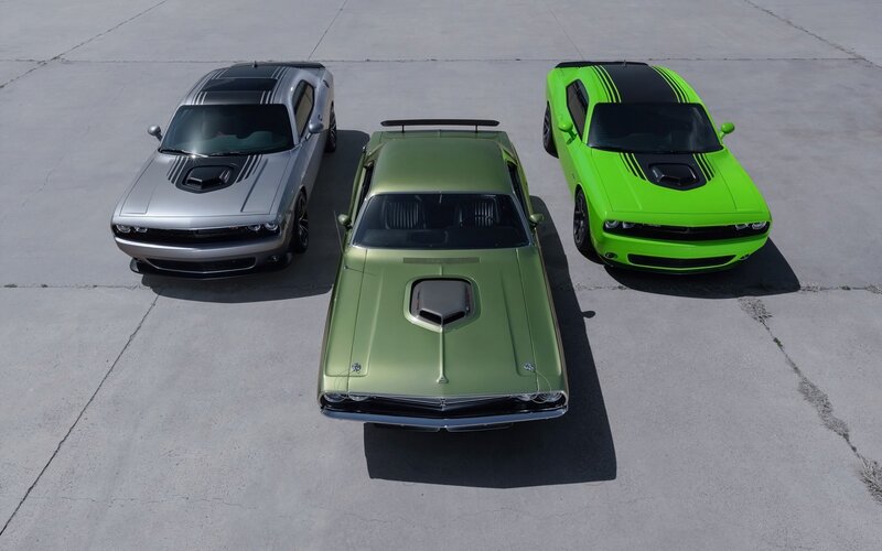 Three Dodge Challengers — Green