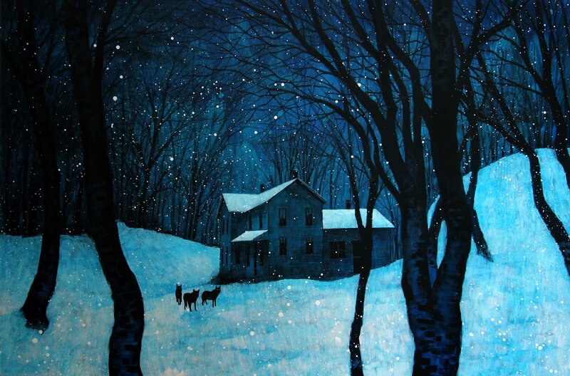 Three Dogs in Snow — Blue