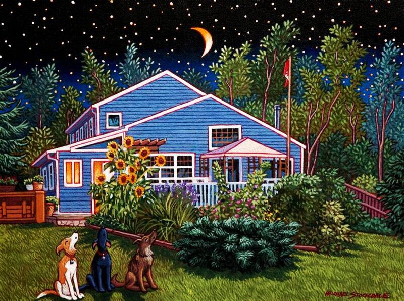 Three Dogs in Yard — Blue