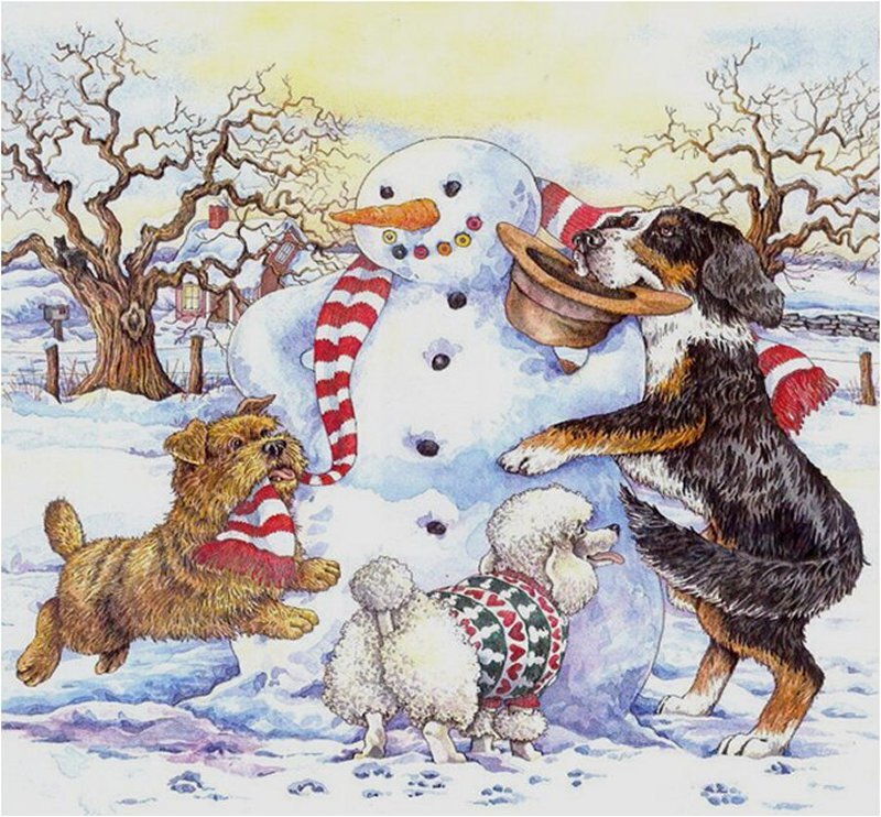 Three Dogs with Snowman